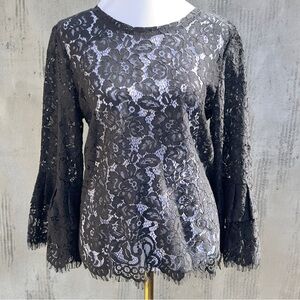 NWOT Sheer Soft Black Lace Bell Sleeve Button Back Eyelash Trim Blouse -Sz L